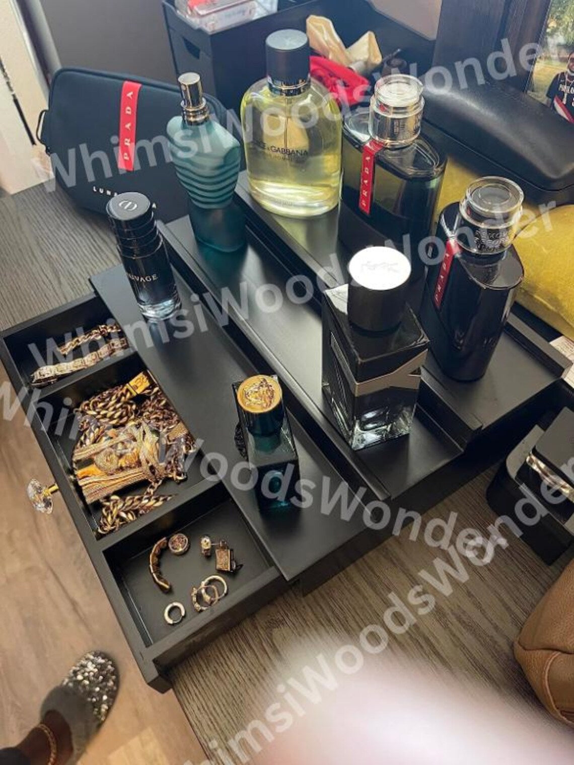 3 Tier Countertop Wooden Cologne Organizer With Drawer | Perfume Dresser Organizer | Makeup Organizer | Makeup Holder | Mens Jewelry Box