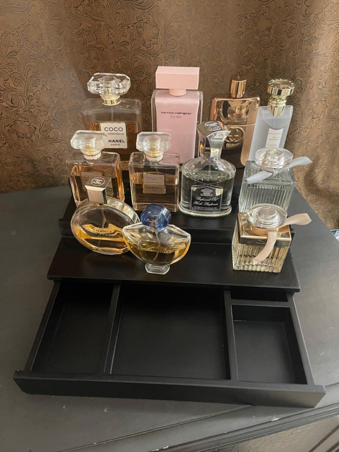 3 Tier Countertop Wooden Cologne Organizer With Drawer | Perfume Dresser Organizer | Makeup Organizer | Makeup Holder | Mens Jewelry Box