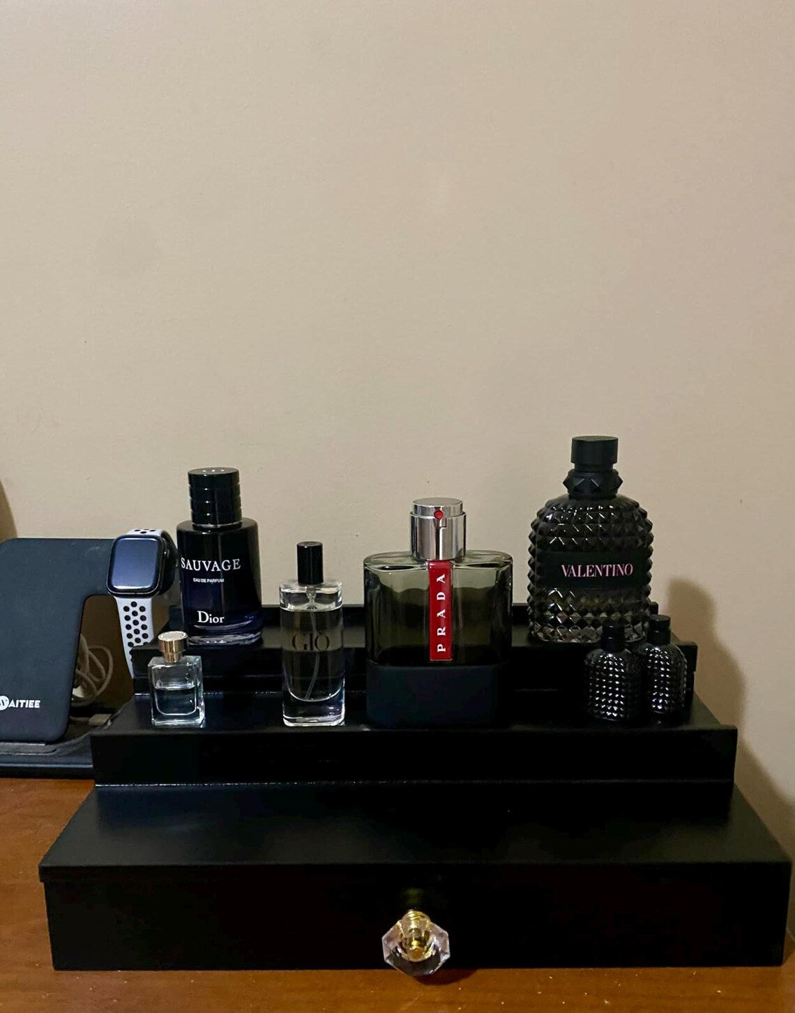 3 Tier Countertop Wooden Cologne Organizer With Drawer | Perfume Dresser Organizer | Makeup Organizer | Makeup Holder | Mens Jewelry Box