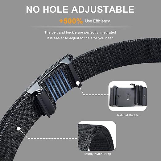 Men’s Tactical Ratchet Web Belt – Nylon No-Hole Hiking & Golf Belt with Automatic Buckle