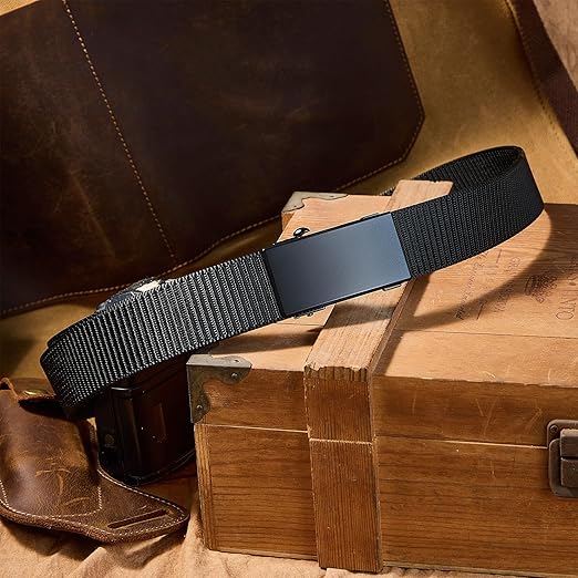 Men’s Tactical Ratchet Web Belt – Nylon No-Hole Hiking & Golf Belt with Automatic Buckle