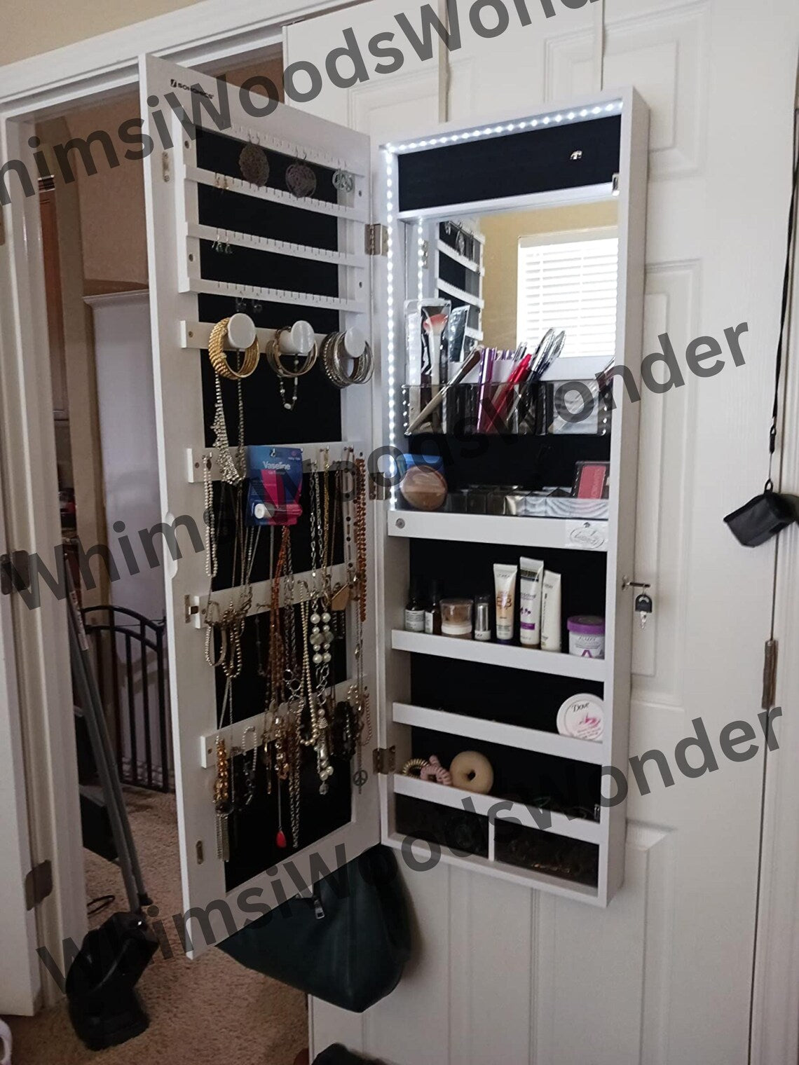 Rustic Wood Jewelry Cabinet Armoire Organizer With LED Mirror | Storage Cabinet | Medicine Cabinet | Jewelry Holder | Bridesmaid Gift Box