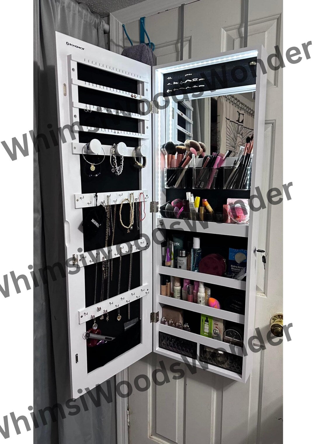 Rustic Wood Jewelry Cabinet Armoire Organizer With LED Mirror | Storage Cabinet | Medicine Cabinet | Jewelry Holder | Bridesmaid Gift Box