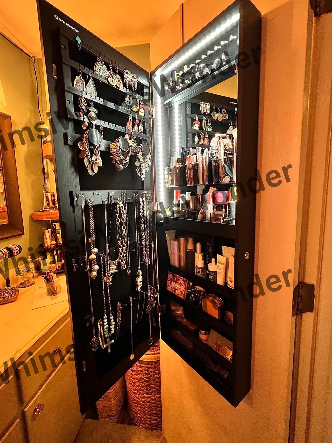Rustic Wood Jewelry Cabinet Armoire Organizer With LED Mirror | Storage Cabinet | Medicine Cabinet | Jewelry Holder | Bridesmaid Gift Box