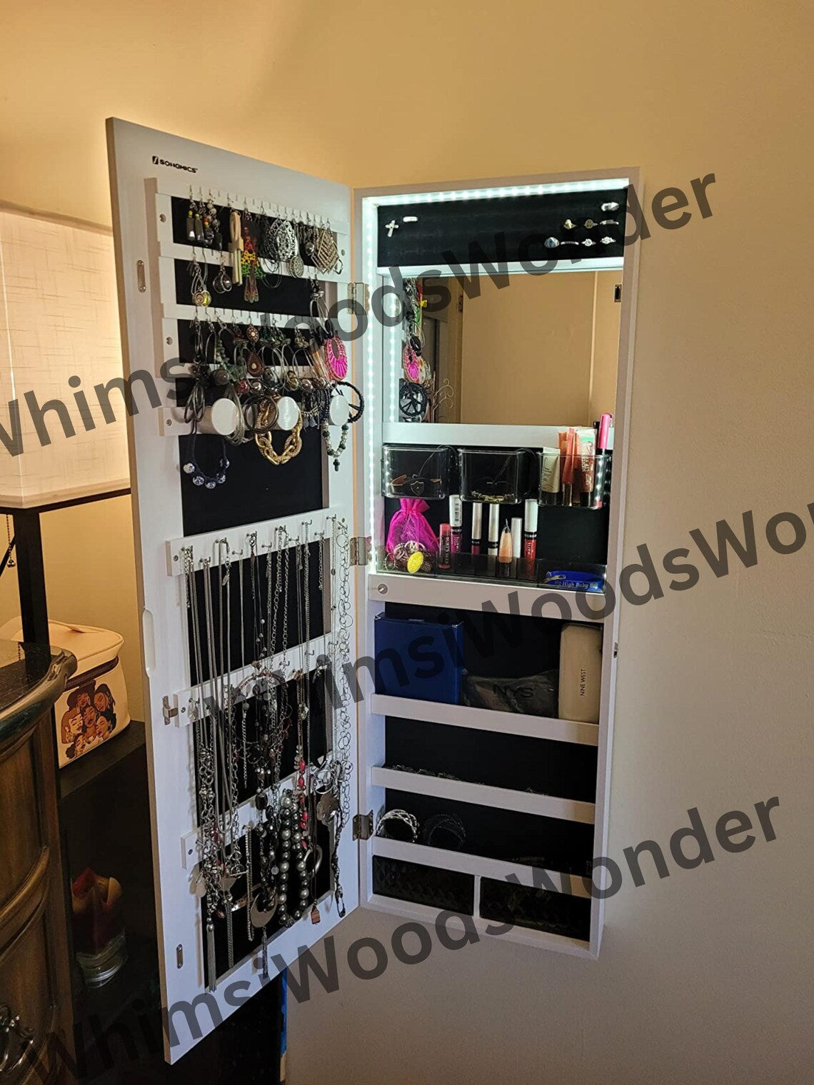 Rustic Wood Jewelry Cabinet Armoire Organizer With LED Mirror | Storage Cabinet | Medicine Cabinet | Jewelry Holder | Bridesmaid Gift Box