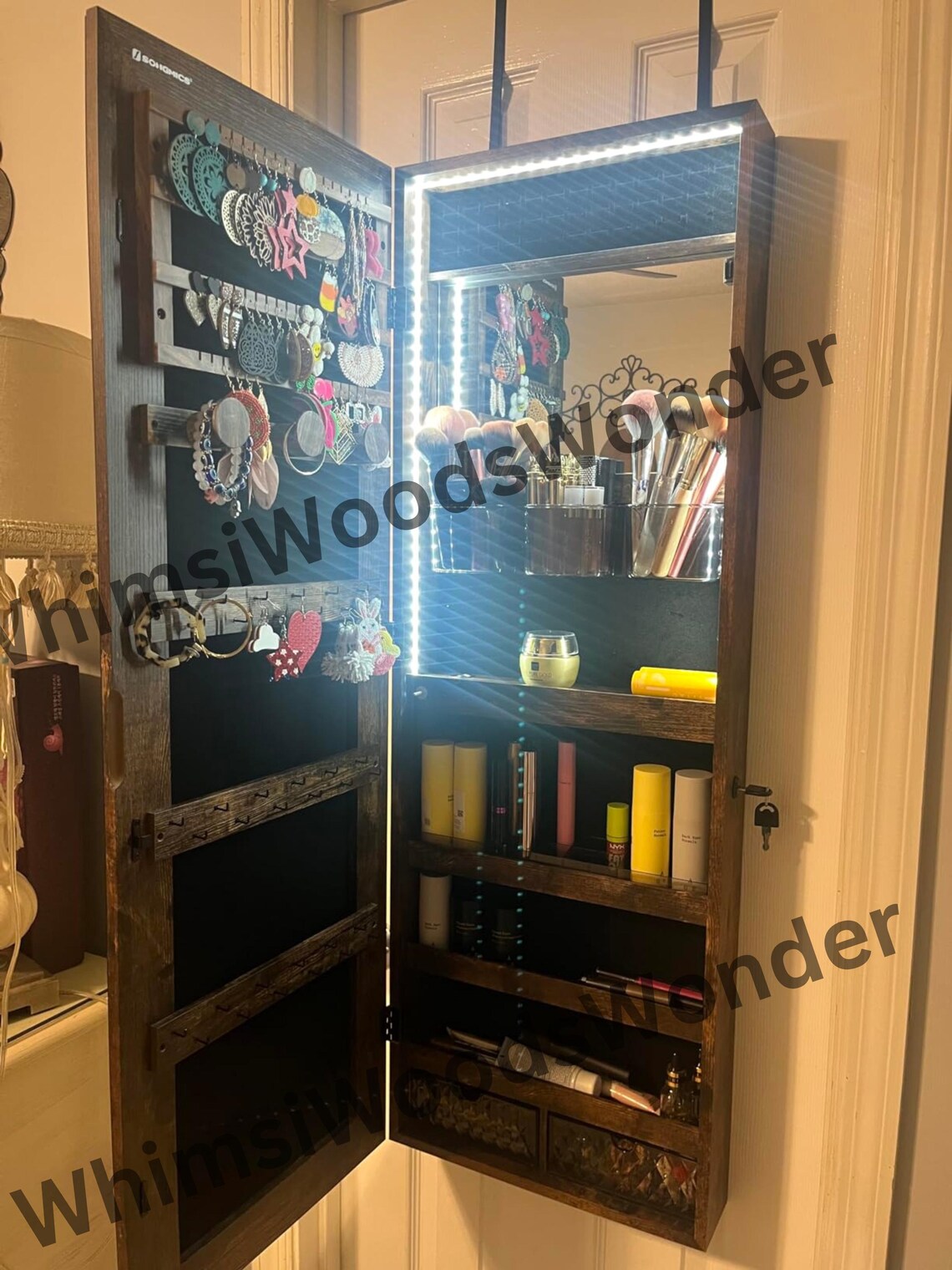 Rustic Wood Jewelry Cabinet Armoire Organizer With LED Mirror | Storage Cabinet | Medicine Cabinet | Jewelry Holder | Bridesmaid Gift Box