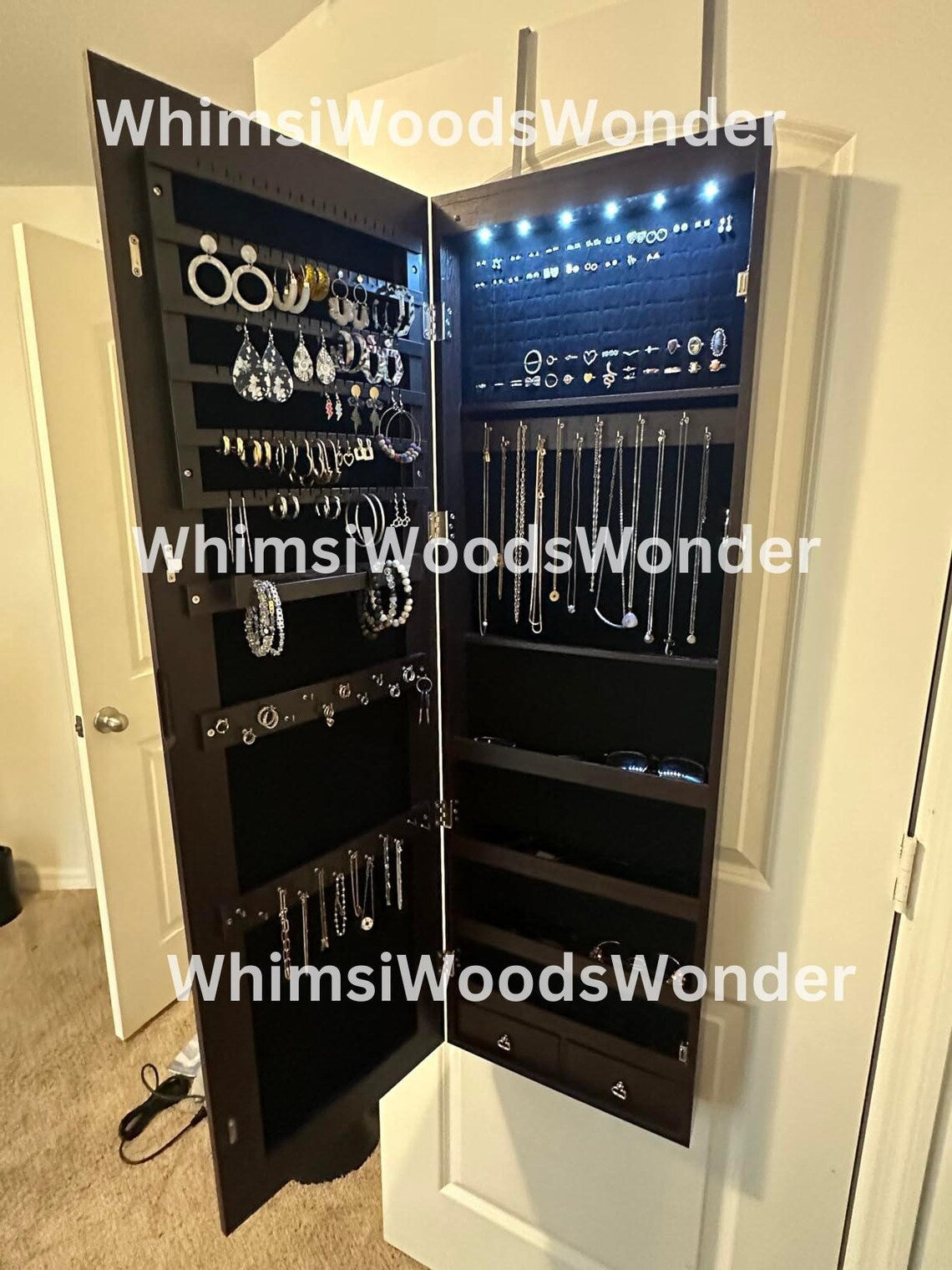 Wall Mounted Wood Jewelry Armoire With Full Length Mirror & 6 LEDS | Jewelry Cabinet | Jewlery Holder | Earring Display | Gift For Her