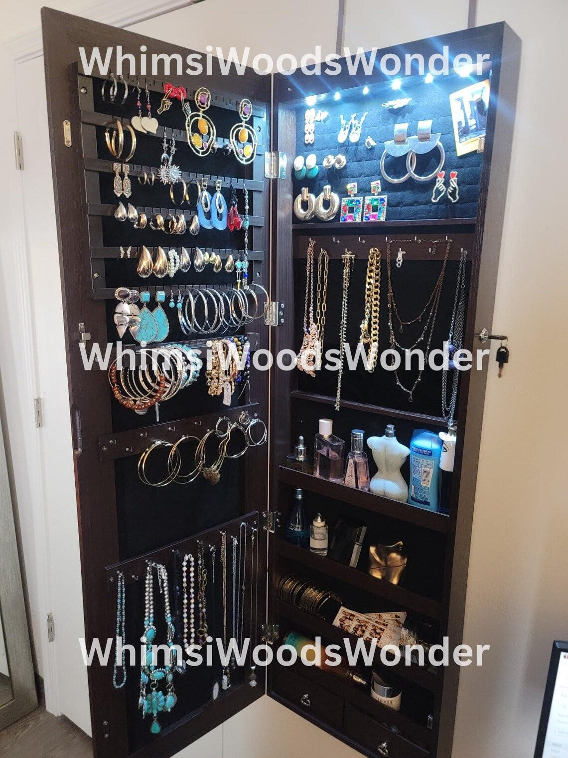 Wall Mounted Wood Jewelry Armoire With Full Length Mirror & 6 LEDS | Jewelry Cabinet | Jewlery Holder | Earring Display | Gift For Her