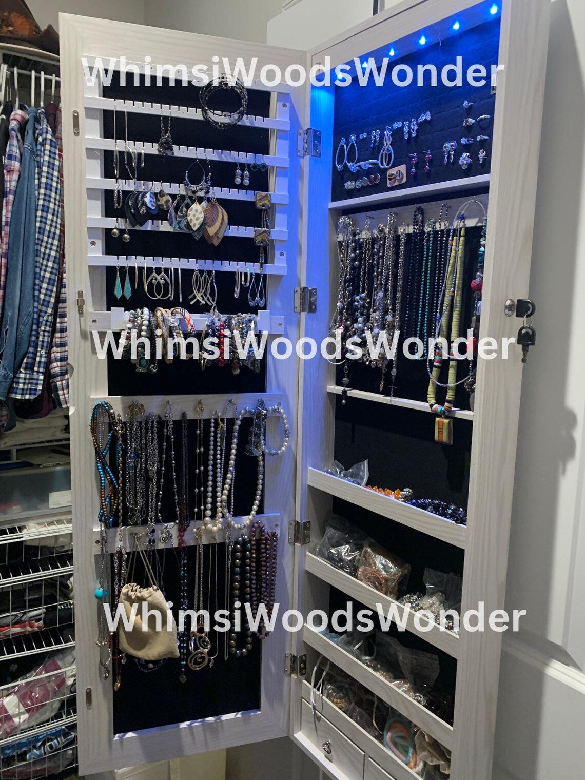 Wall Mounted Wood Jewelry Armoire With Full Length Mirror & 6 LEDS | Jewelry Cabinet | Jewlery Holder | Earring Display | Gift For Her