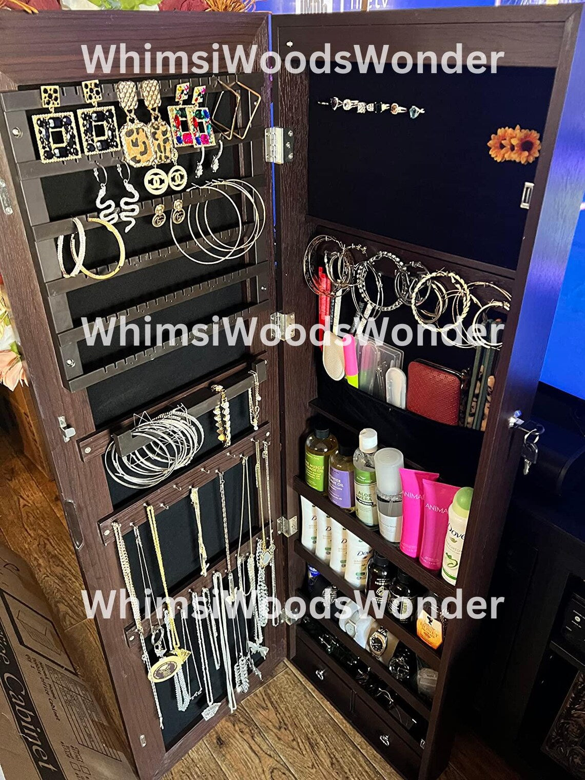 Wall Mounted Wood Jewelry Armoire With Full Length Mirror & 6 LEDS | Jewelry Cabinet | Jewlery Holder | Earring Display | Gift For Her