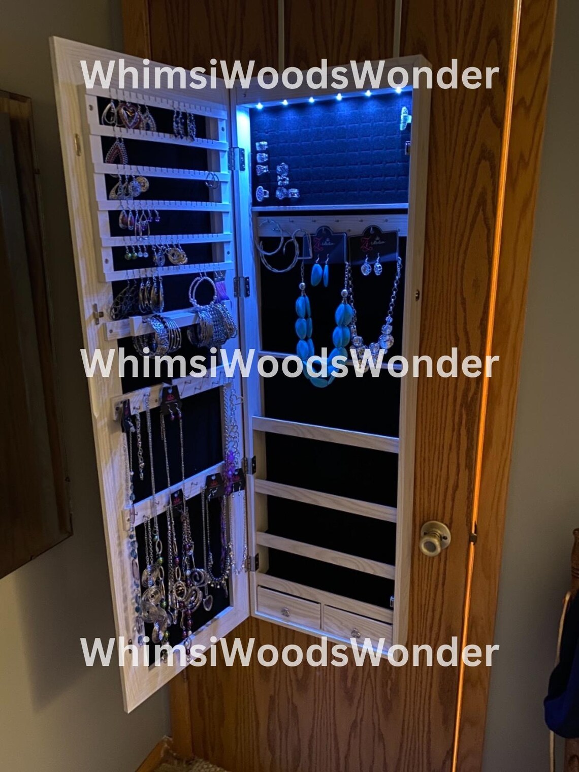 Wall Mounted Wood Jewelry Armoire With Full Length Mirror & 6 LEDS | Jewelry Cabinet | Jewlery Holder | Earring Display | Gift For Her