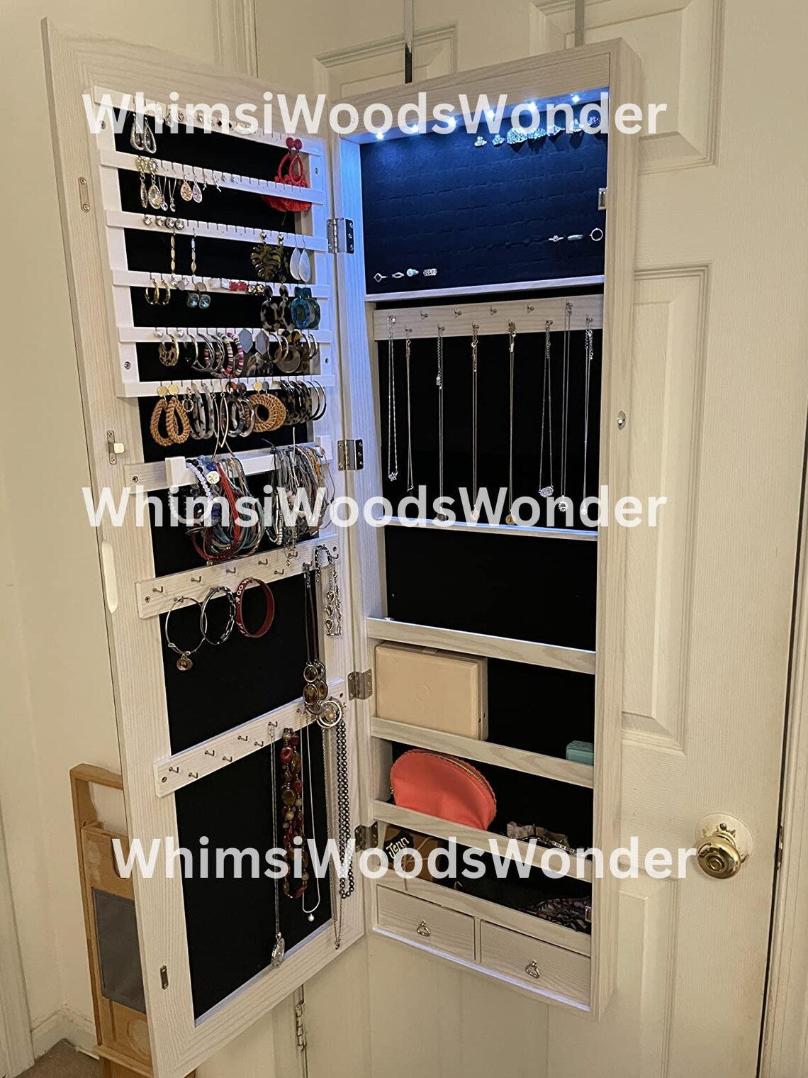 Wall Mounted Wood Jewelry Armoire With Full Length Mirror & 6 LEDS | Jewelry Cabinet | Jewlery Holder | Earring Display | Gift For Her