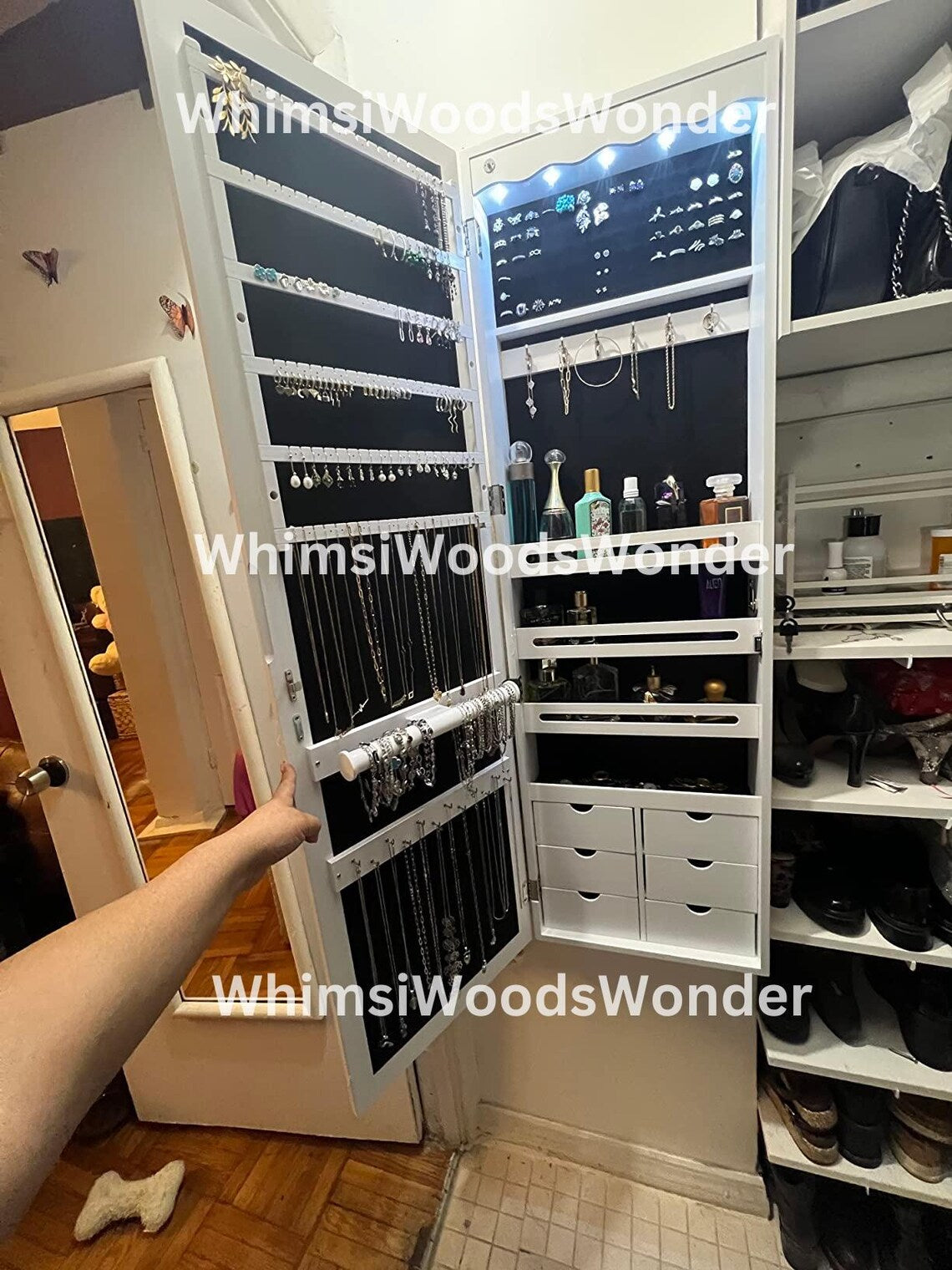 Wall Mounted Wood Jewelry Armoire With LED Mirror | Jewelry Cabinet | Jewelry Organizer Box | Jewelry Holder | Earring Holder | Gift For Her