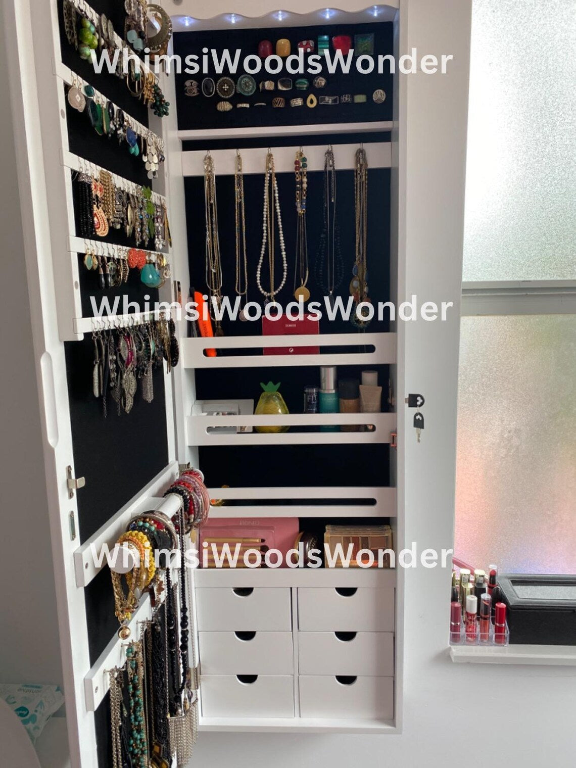 Wall Mounted Wood Jewelry Armoire With LED Mirror | Jewelry Cabinet | Jewelry Organizer Box | Jewelry Holder | Earring Holder | Gift For Her