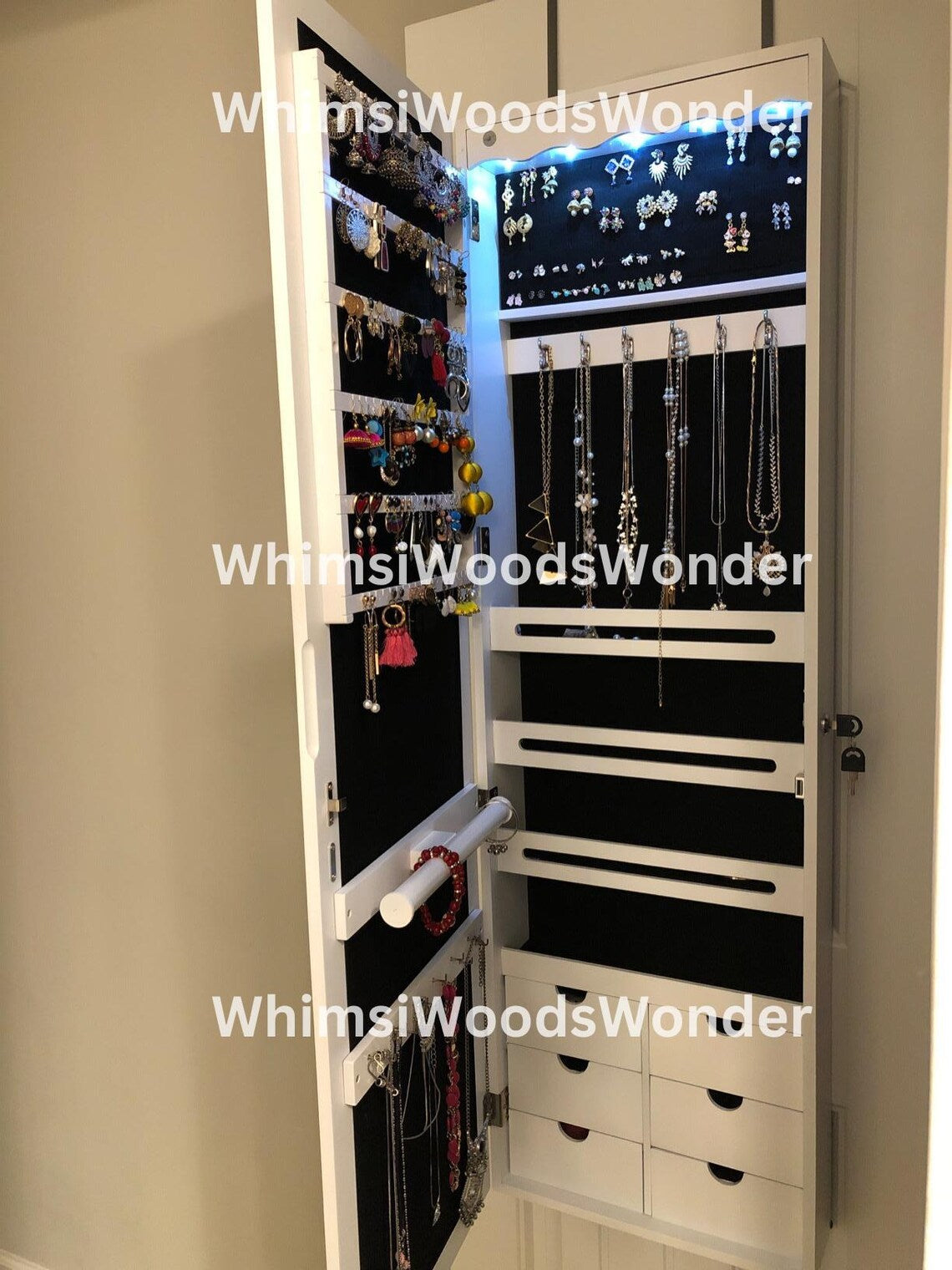 Wall Mounted Wood Jewelry Armoire With LED Mirror | Jewelry Cabinet | Jewelry Organizer Box | Jewelry Holder | Earring Holder | Gift For Her