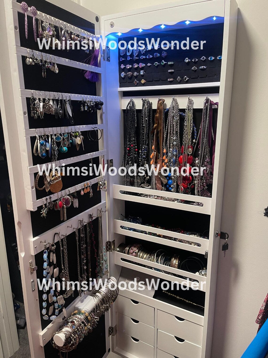 Wall Mounted Wood Jewelry Armoire With LED Mirror | Jewelry Cabinet | Jewelry Organizer Box | Jewelry Holder | Earring Holder | Gift For Her