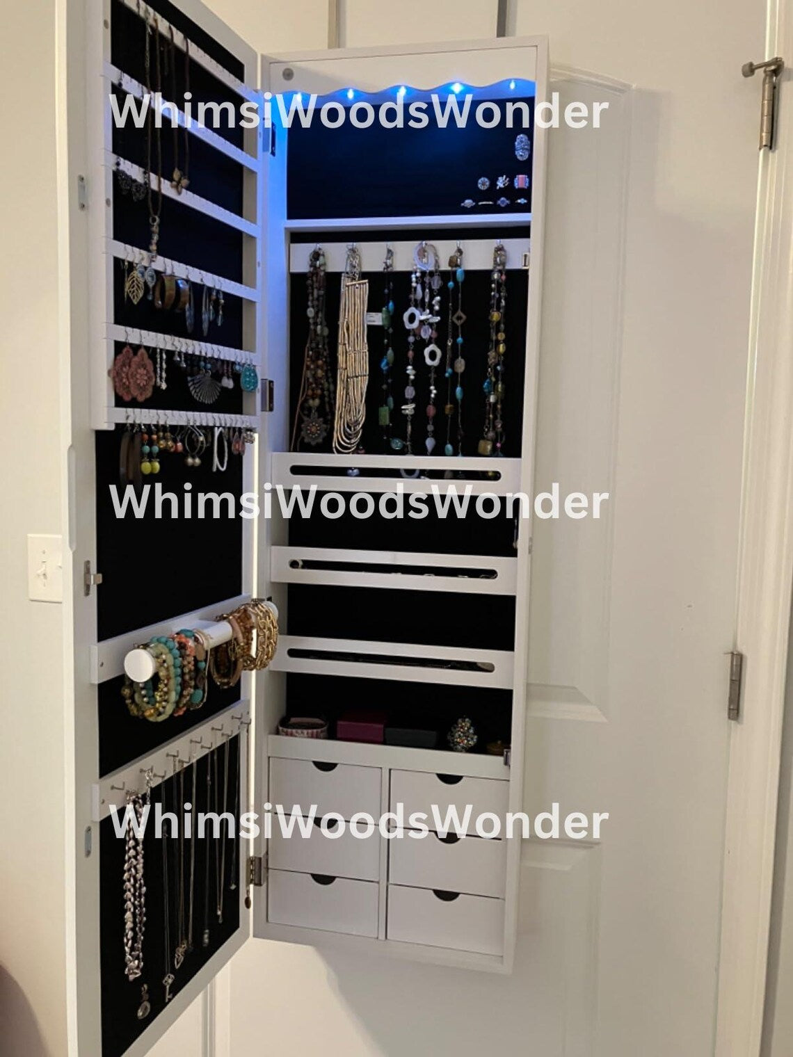 Wall Mounted Wood Jewelry Armoire With LED Mirror | Jewelry Cabinet | Jewelry Organizer Box | Jewelry Holder | Earring Holder | Gift For Her