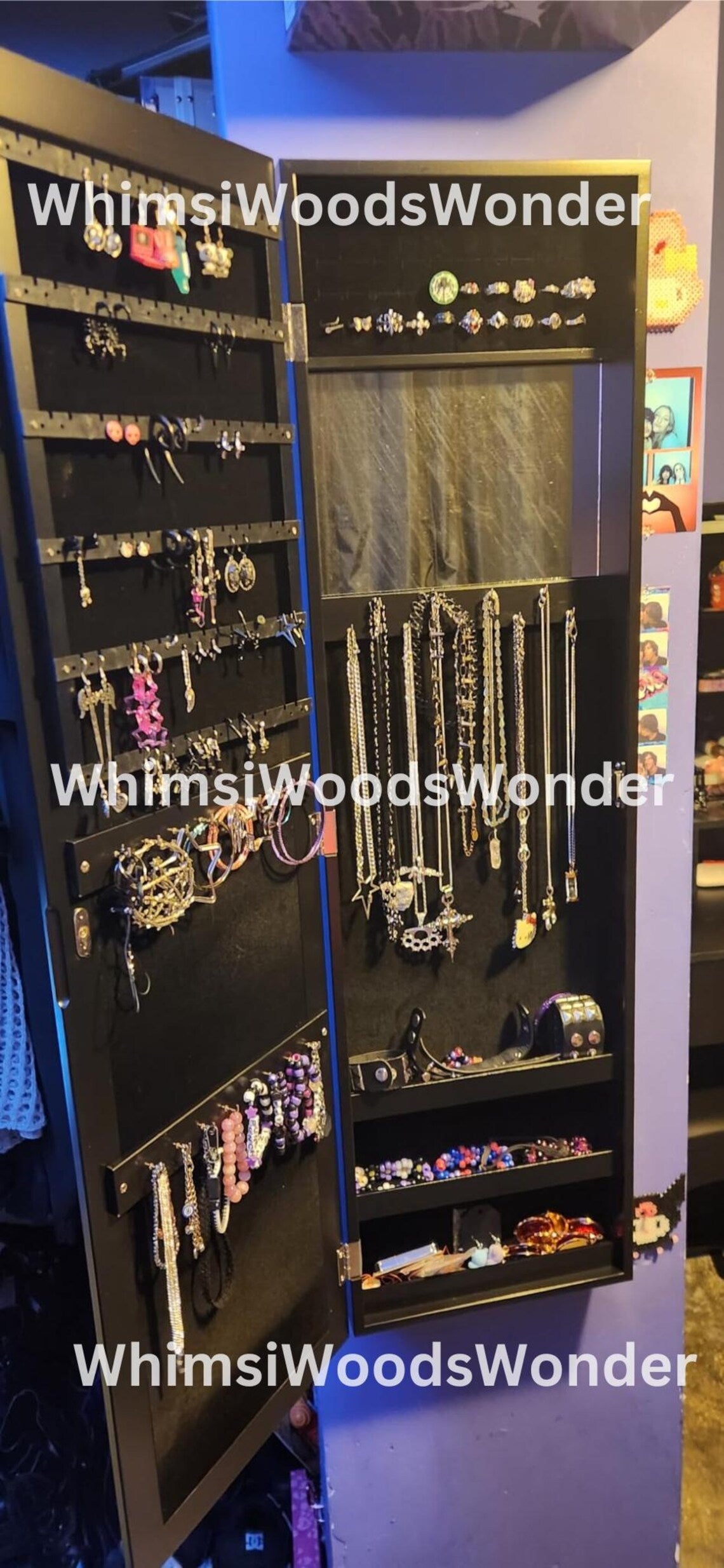 Wall Mounted Wooden Jewelry Armoire With Full Length Mirror | Jewelry Cabinet | Jewelry Organizer | Jewelry Storage | Necklace Holder