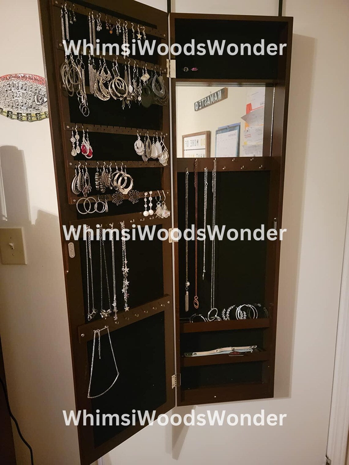 Wall Mounted Wooden Jewelry Armoire With Full Length Mirror | Jewelry Cabinet | Jewelry Organizer | Jewelry Storage | Necklace Holder