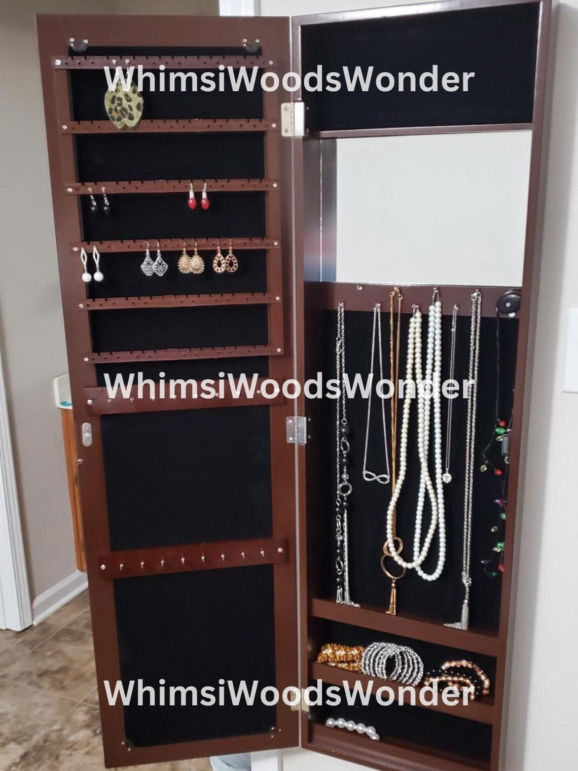 Wall Mounted Wooden Jewelry Armoire With Full Length Mirror | Jewelry Cabinet | Jewelry Organizer | Jewelry Storage | Necklace Holder