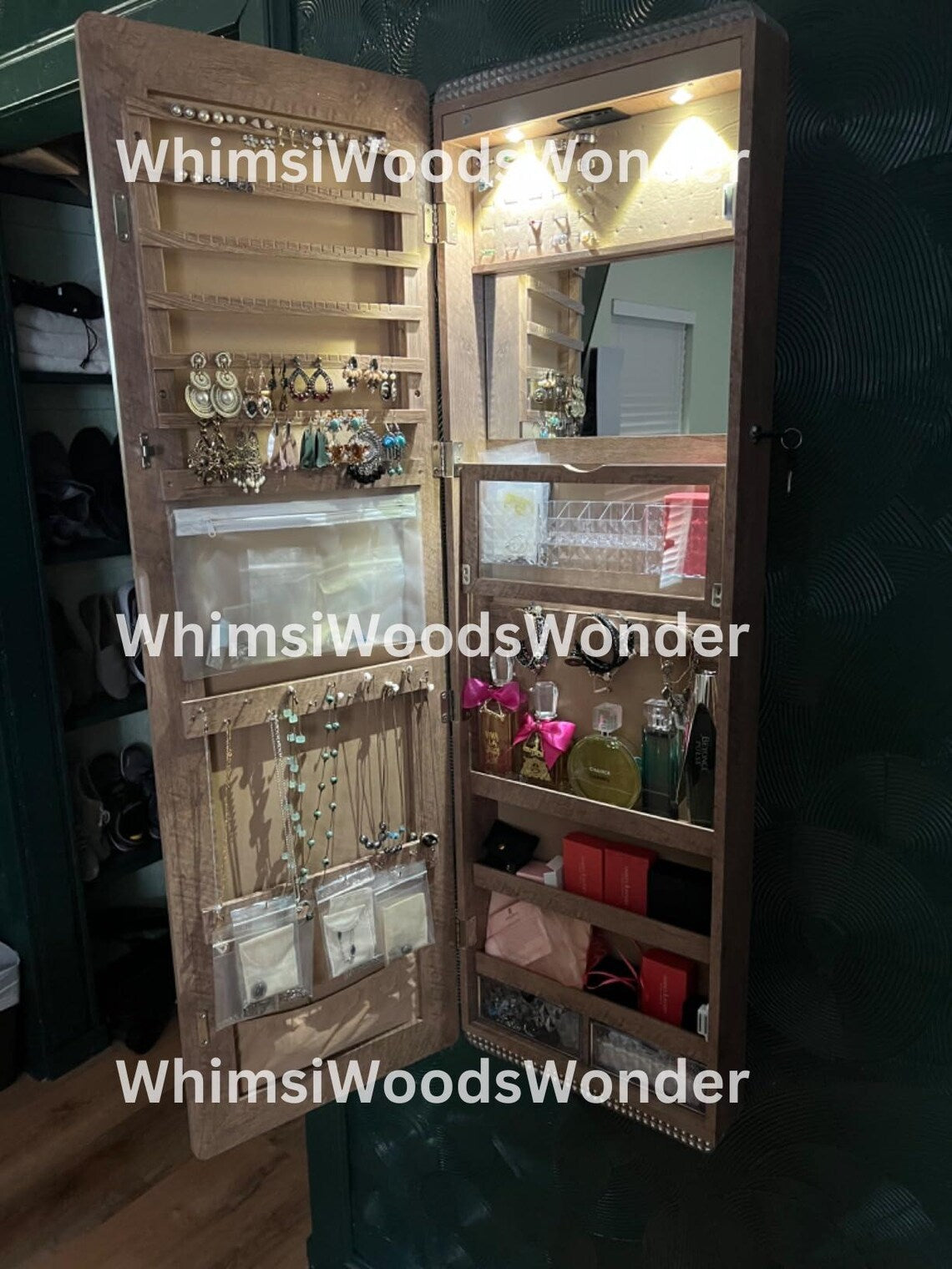 Wall Mounted Wooden Jewelry Armoire with Mirror | Jewelry Organizer | Jewelry Cabinet | Jewelry Storage | Earring Display | Gift For Her