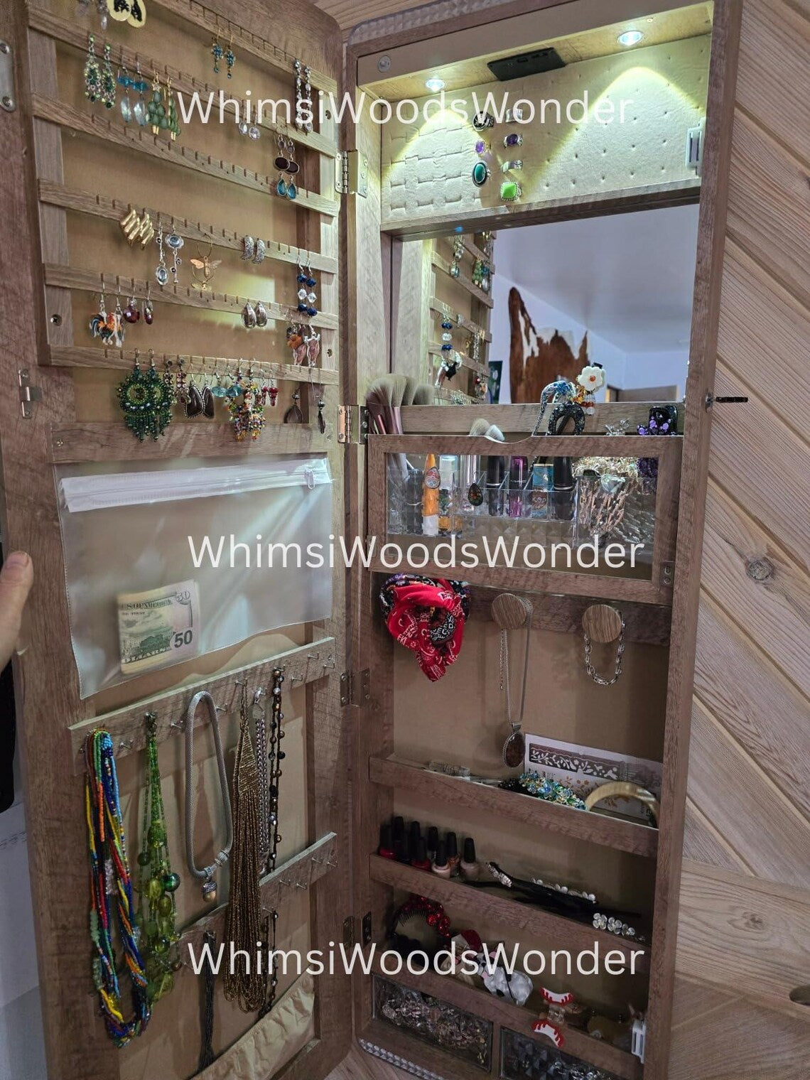 Wall Mounted Wooden Jewelry Armoire with Mirror | Jewelry Organizer | Jewelry Cabinet | Jewelry Storage | Earring Display | Gift For Her