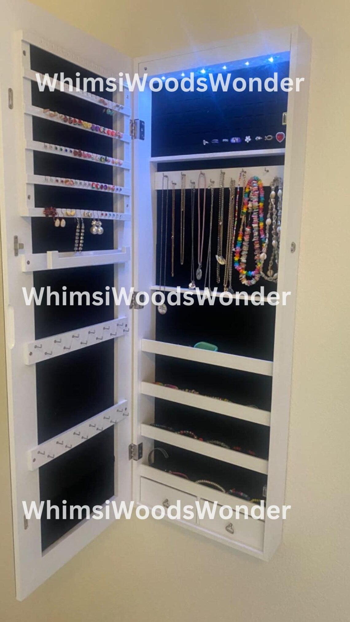 Wall Mounted Wooden Jewelry Armoire with Mirror | Jewelry Organizer | Jewelry Cabinet | Jewelry Storage | Earring Display | Gift For Her