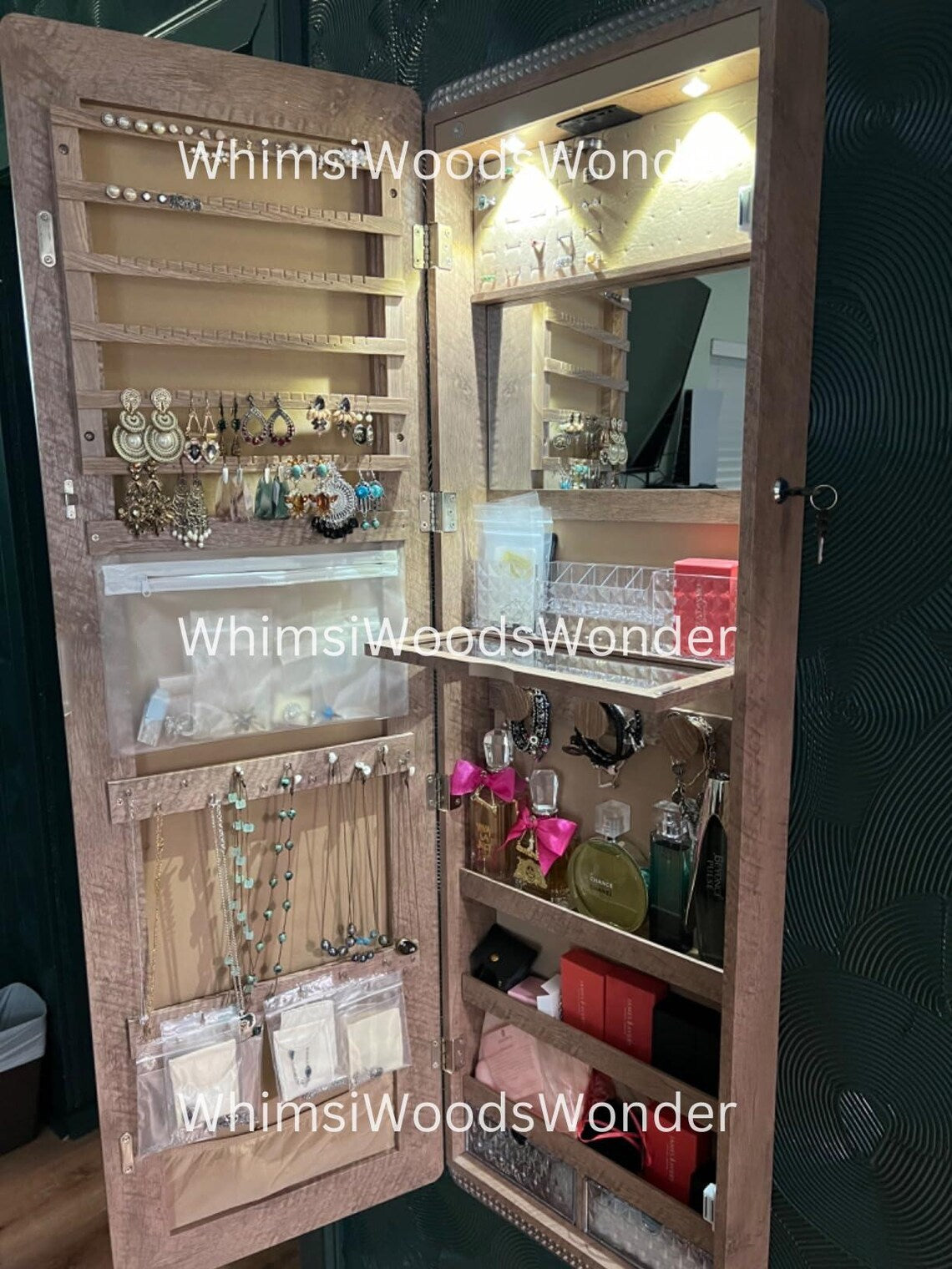 Wall Mounted Wooden Jewelry Armoire with Mirror | Jewelry Organizer | Jewelry Cabinet | Jewelry Storage | Earring Display | Gift For Her