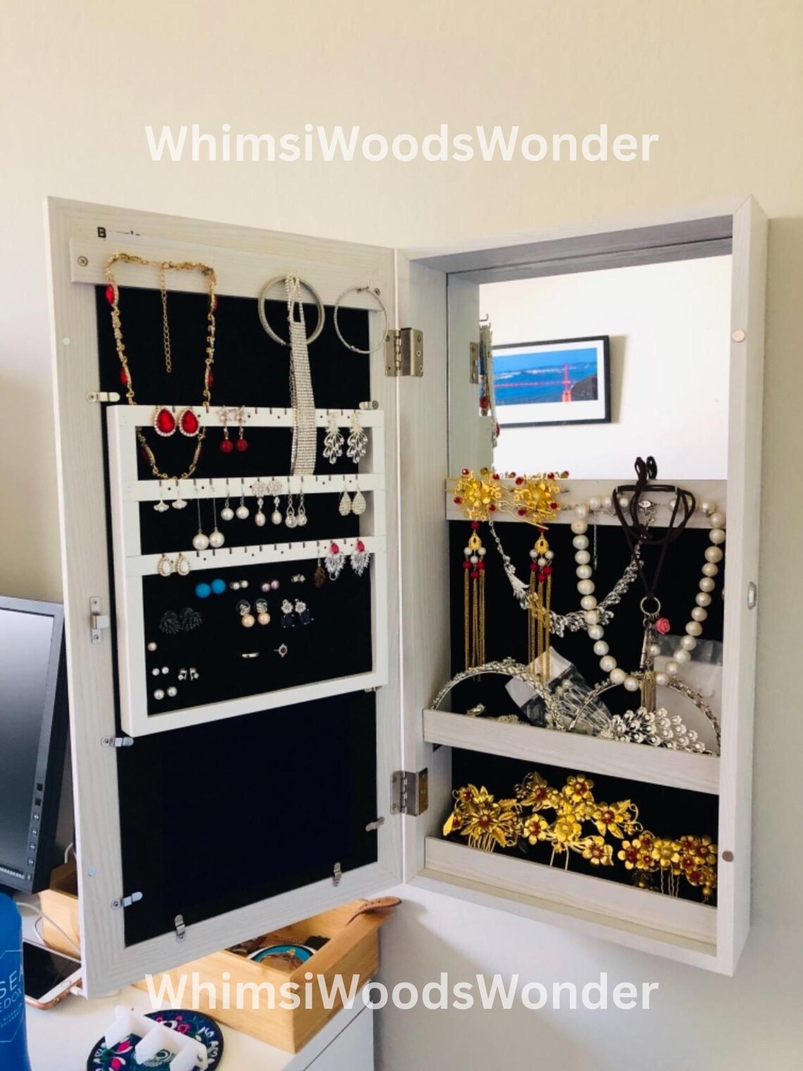 Wood Jewelry Armoire with Photo Frame | Jewelry Cabinet | Jewelry Organizer | Necklace Display | Earring Organizer | Makeup Organizer