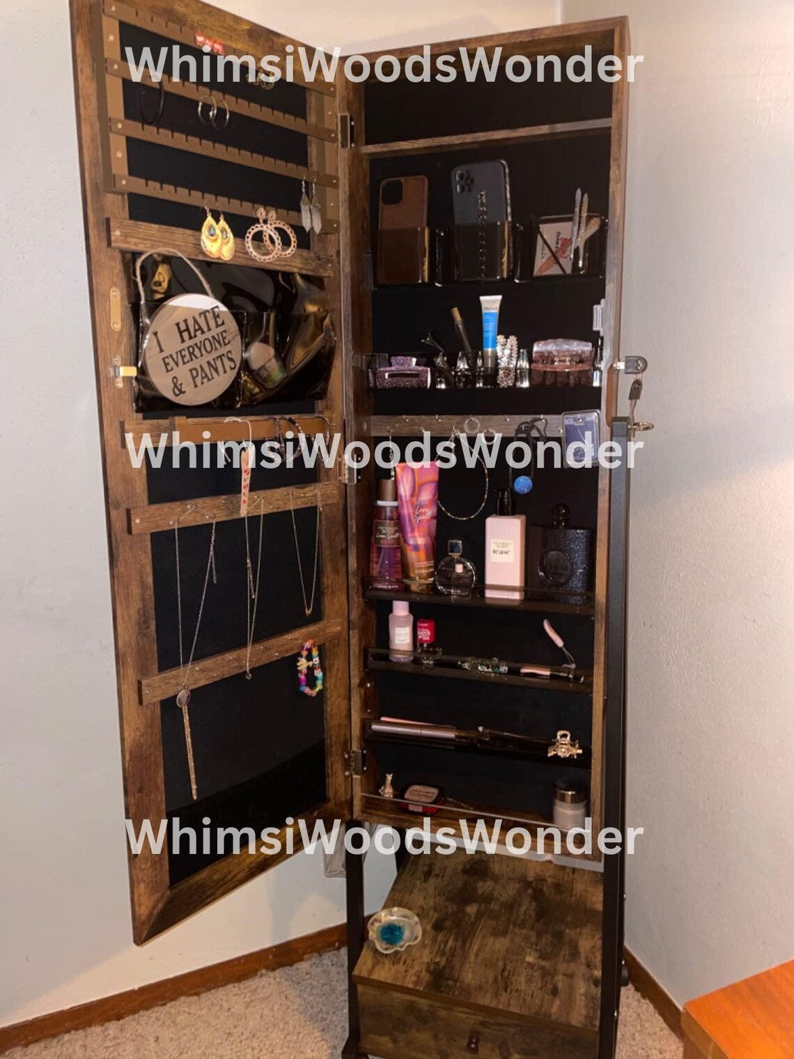 Wooden Lockable Jewelry Cabinet with Full-Length Mirror | Jewelry Armoire | Jewelry Storage Shelf | Jewelry Organizer | Makeup Shelf