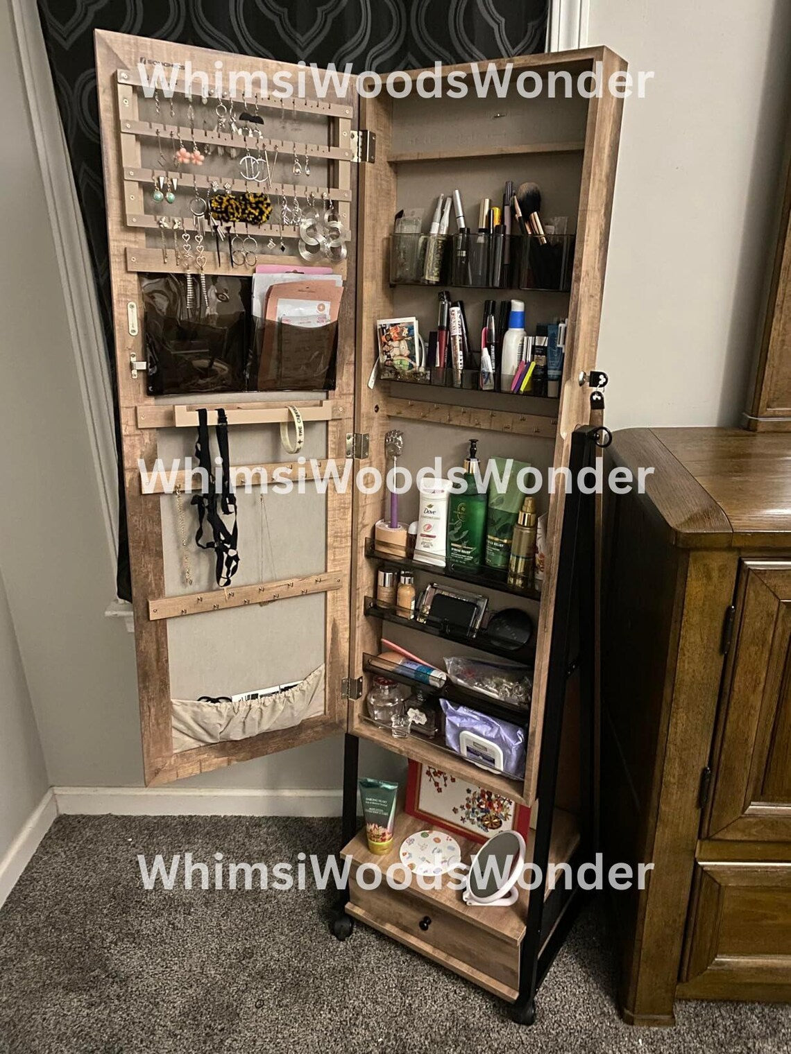 Wooden Lockable Jewelry Cabinet with Full-Length Mirror | Jewelry Armoire | Jewelry Storage Shelf | Jewelry Organizer | Makeup Shelf