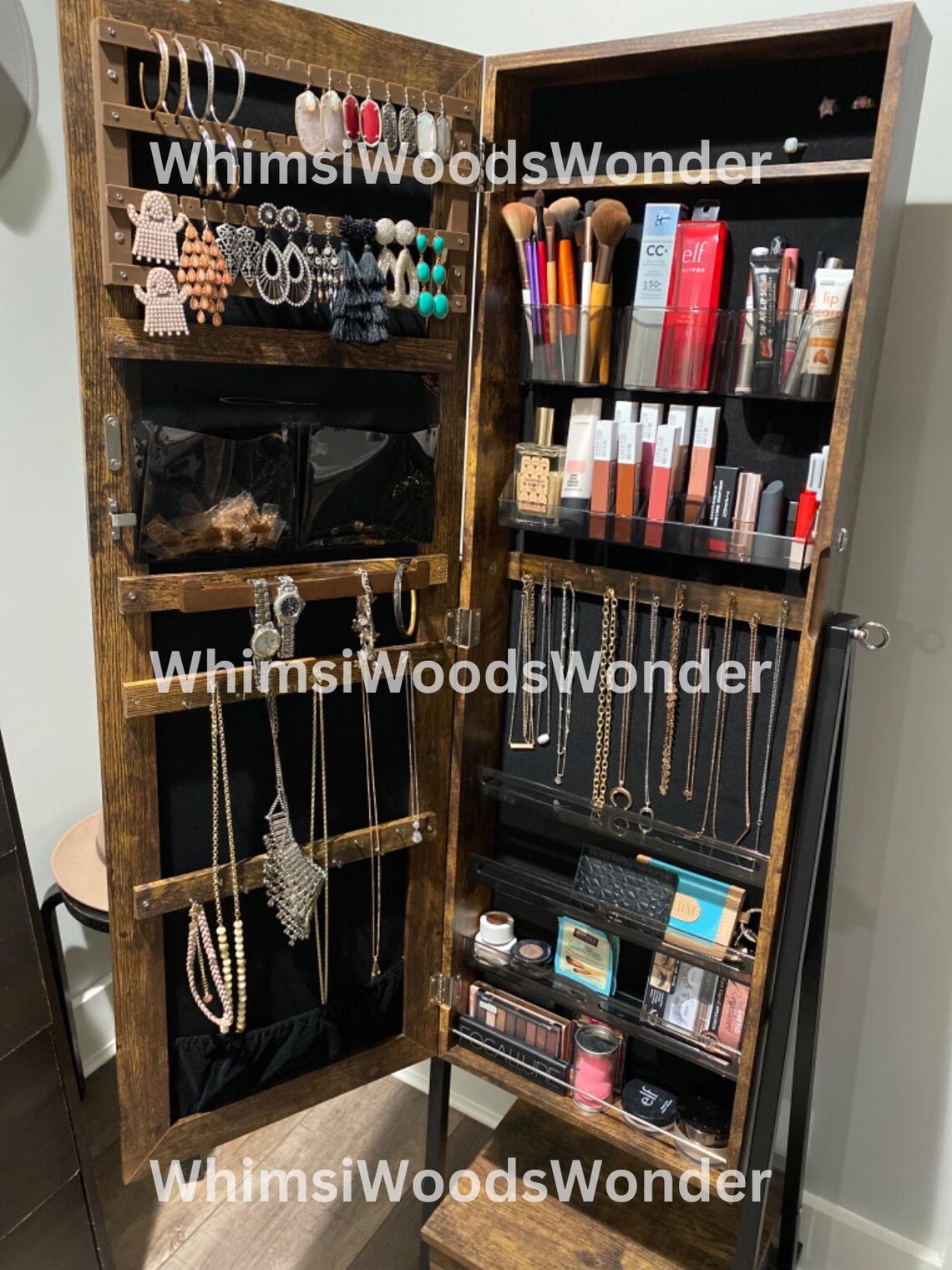 Wooden Lockable Jewelry Cabinet with Full-Length Mirror | Jewelry Armoire | Jewelry Storage Shelf | Jewelry Organizer | Makeup Shelf