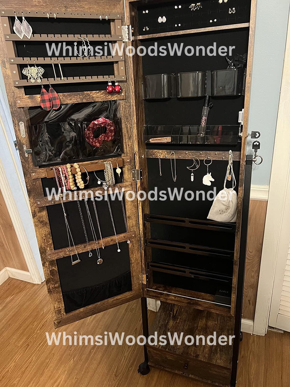 Wooden Lockable Jewelry Cabinet with Full-Length Mirror | Jewelry Armoire | Jewelry Storage Shelf | Jewelry Organizer | Makeup Shelf